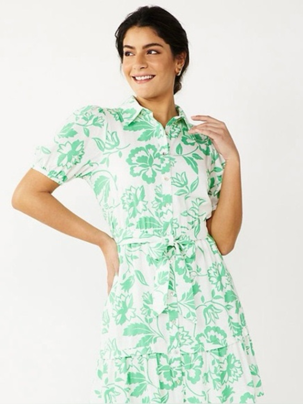 Draper James RSVP  White Linen Puff Sleeve Dress with Green Floral Motif